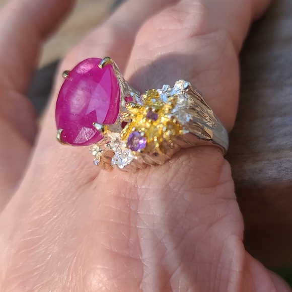 HUGE 15k Star Ruby Amethyst &Sterling & Gold 🕷 spider ring sz 8.5 - Picture 6 of 9